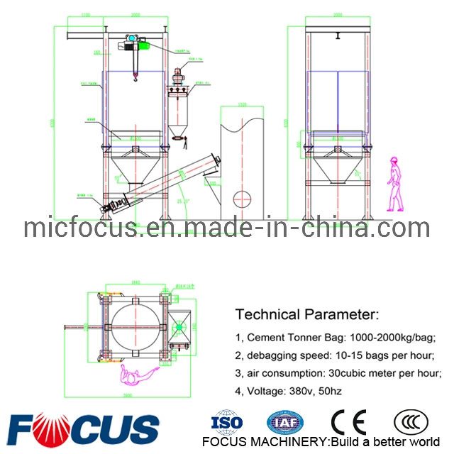 1 Ton, 2 Ton Jb Bag Unpack Machine and Pneumatic Cement Pump to Silo